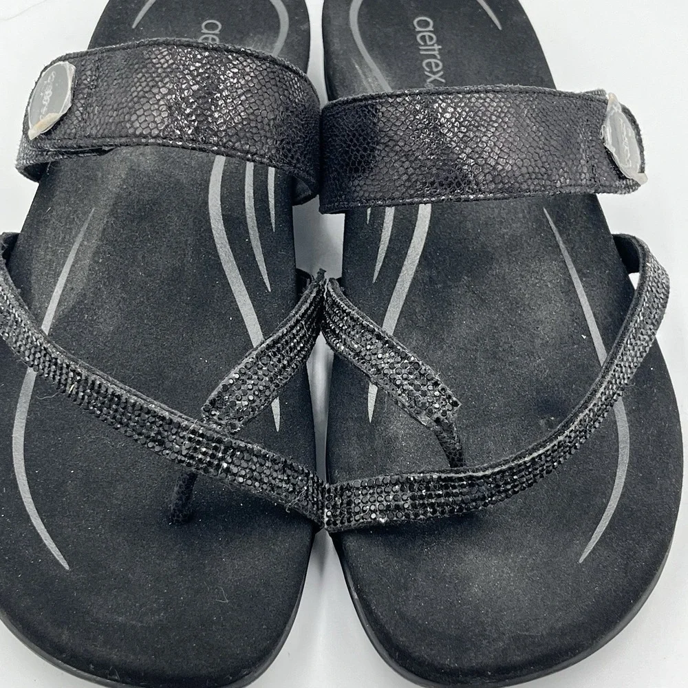 Aetrex Izzy Sparkle Sandals Women's  10 Black Rhinestone Orthotic Comfort Summer